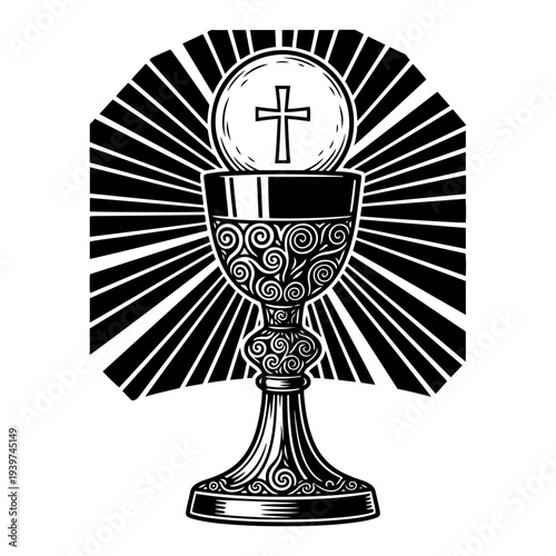 Holy chalice with communion wafer and sunburst rays religious vector