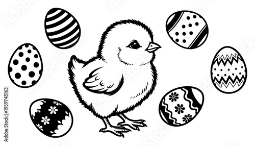 Cute little easter chick surrounded by decorative patterned eggs