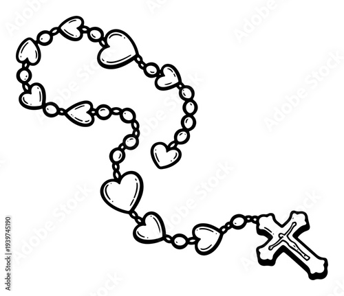 Black and white line art of a Catholic rosary with heart shaped beads and a cross