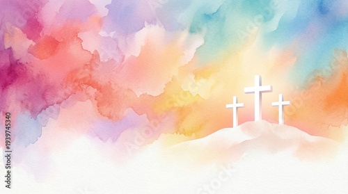 Three white crosses on hill with vibrant sunset sky during Semana Santa, religious Easter celebration background