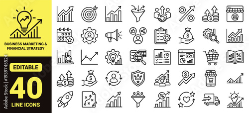 Business, marketing, and financial strategy icon set with growth charts, analytics, teamwork, ecommerce, planning, success metrics, and essential business ranking symbols in clean modern line‑art