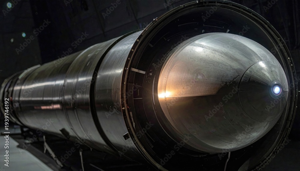 Fototapeta premium Close-up view of a gleaming ballistic missile warhead section with its complex engine components visible