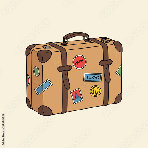 This illustration depicts a vintage suitcase adorned with travel stickers, symbolizing adventure and nostalgia for travel experiences across iconic cities.