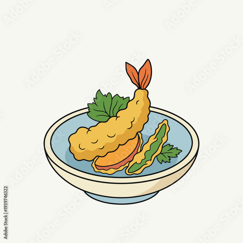 This image showcases an artistic representation of a delicious tempura dish, highlighting the textures of crispy seafood and vegetables on a minimalist plate.