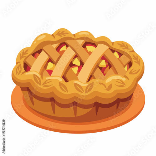 This image showcases a beautifully baked apple pie featuring a golden crust and a classic lattice design, perfect for desserts and bakery displays or seasonal promotions.