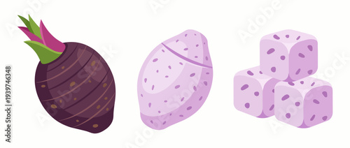 This image showcases sweet purple yams along with cut pieces, highlighting diverse yam varieties, making it perfect for health food, culinary use, and educational content.