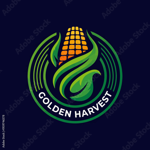 A vibrant logo design featuring corn and leaves represents the essence of agriculture. The golden corn symbolizes growth, while the green elements signify sustainability.