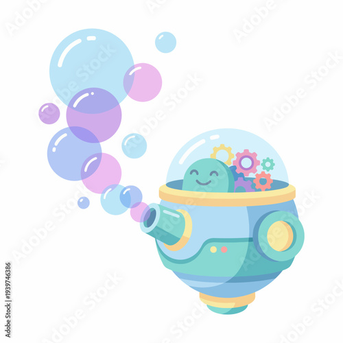 A whimsical cartoon robot is designed to create bubbles, adding a fun, playful element. The colorful design encapsulates joy, creativity, and the innocence of childhood.