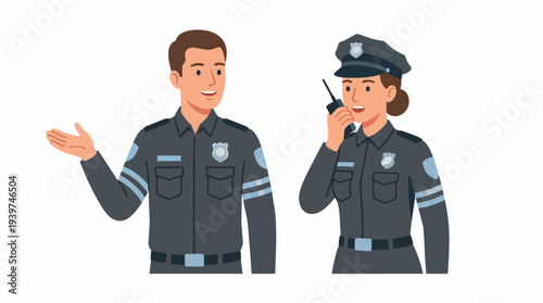 A colorful illustration of two police officers in uniform, one speaking while the other listens, showcasing teamwork and communication in law enforcement.