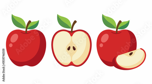 This vibrant image showcases a trio of red apples, focusing on their fresh appearance and cross-section, symbolizing health, nature, and the joy of eating fruit.