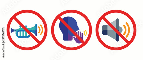 This striking image features symbols representing no sound—trumpet, voice, and speaker icons—all crossed out, indicating the need for a quiet environment.