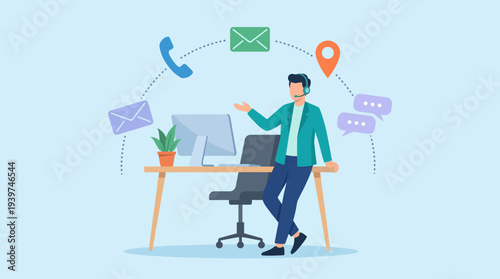 A friendly support agent is engaged in communication, using a headset and surrounded by various tech devices, emphasizing modern customer service solutions and connectivity.