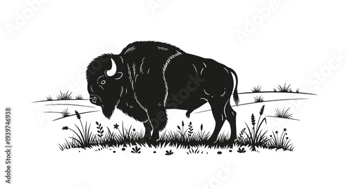 Large Bison Standing in Field Landscape.