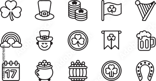 Classic St Patricks Day celebration symbols and Irish festive elements icon collection