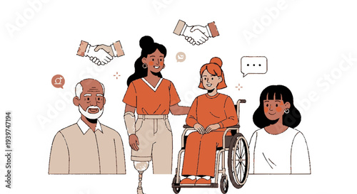 Diverse group of people including a woman in a wheelchair and a prosthetic leg standing together with supportive gestures and speech bubbles