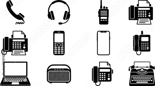 Collection of black icons representing communication devices technology and old retro tools
