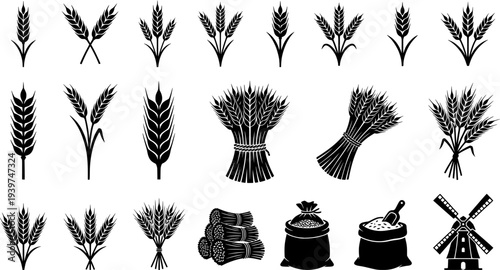 Collection of wheat and grain related illustrations suitable for design and agriculture theme projects
