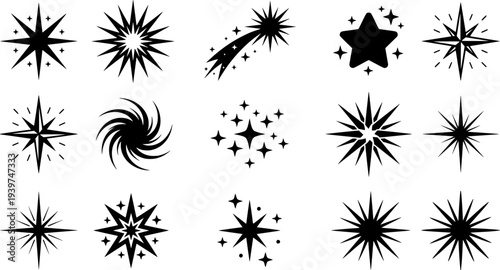 Collection of black and white sparkle starburst icons for design elements and decoration
