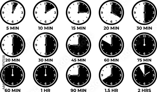 Simplified clock icons representing various time durations from twelve hours to seventy-two hours in monochrome style

