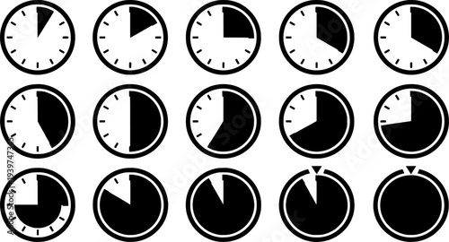 Simplified clock icons representing various time durations from twelve hours to seventy-two hours in monochrome style
