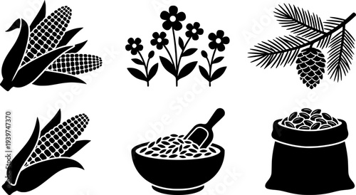 Hand drawn black and white illustrations of snowdrops corn pinecone and other elements for design

