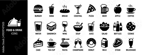 Food and Drink Icons: Burger, Soda, Bread, Cocktail, Pizza, Beer, Apple, Coffee, Water, Sandwich, Wine, Soup, Juice, Salad