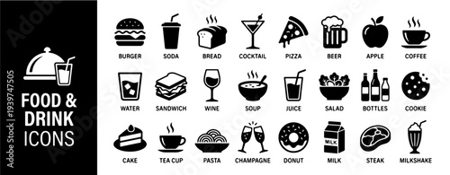 Food and Drink Icons: Burger, Soda, Bread, Cocktail, Pizza, Beer, Apple, Coffee, Water, Sandwich, Wine, Soup, Juice, Salad