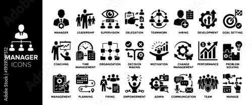 Manager and Team Icons: Business Management, Leadership, Planning, and Success Concepts