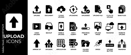 Upload and File Transfer Icons: Data Uploading, Cloud Storage, and Digital Workflow