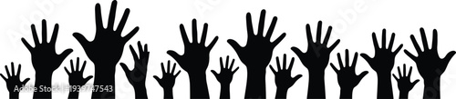 Raised hands silhouettes collection showing different hand sizes from children and adults, crowd participation, voting or celebration concept isolated vector illustration