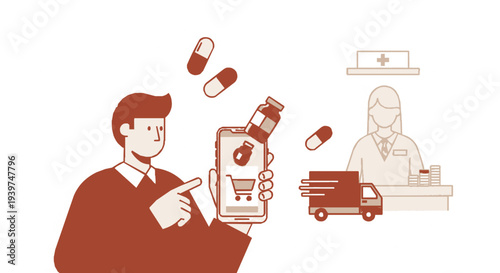 Man ordering medication online on smartphone with pharmacist and delivery truck in the background healthcare and technology illustration