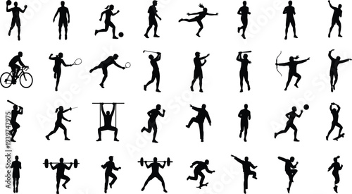 Sports athletes silhouettes collection featuring running, cycling, tennis, archery, basketball, weightlifting and skateboarding actions, dynamic fitness and competition poses isolated vector set