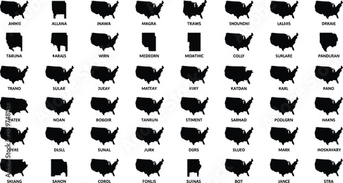 United States map silhouettes collection representing different state shapes, black USA geographic icons isolated for cartography design, geography education and location illustration