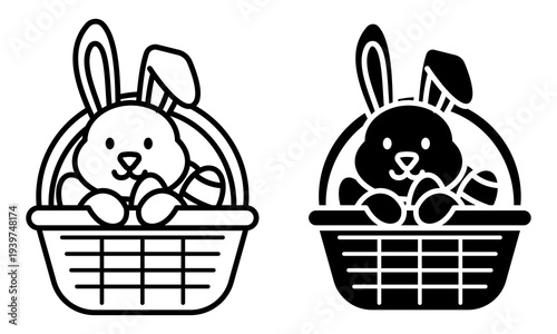 Easter bunny in basket with egg easter icon outline and solid illustration