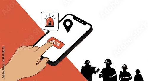 Hand holding smartphone with emergency alert on screen firefighters in background red and white background alert notification system crisis