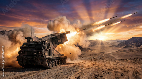 A multi-barrel mobile rocket launcher, firing in a desert during war