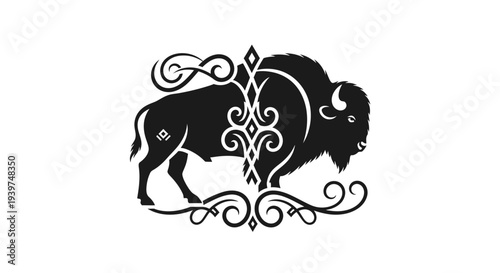 Black bison with decorative design element.