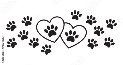 Interlocking hearts with animal paw prints and scattered puppy tracks for pet love themed projects