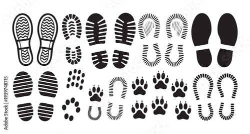 Footprints set. human shoes animal paws vector foot steps illustration on white background