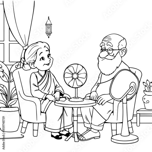 Grand parent sitting with fan passing family time, cartoon, boy, book, illustration, child, people, vector, drawing, reading, school, education, children, woman, business, smile, funny, coloring