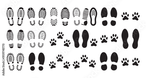 Footprints set. human shoes animal paws vector foot steps illustration on white background