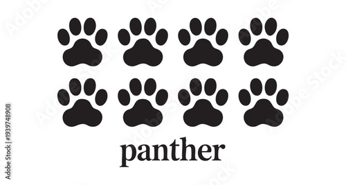 Panther paw prints illustration graphic element collection representing wild animal tracks and the word panther