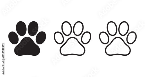 Paw print icons set filled and outlined for animal footprints and animal care design elements