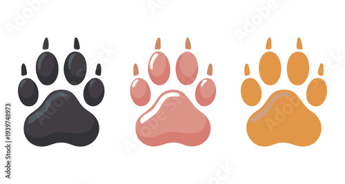 Colorful paw print icons for pets dog cat and other animals showing different vibrant color schemes