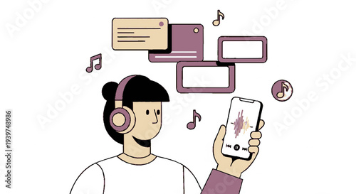Young adult listening to music on mobile phone with headphones and floating digital devices around them in a minimalist illustration style