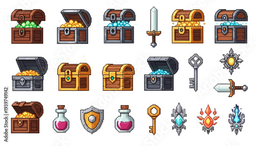 Mega Pack RPG Game Items Pixel Art with Treasure Chests Potions Shields and Keys