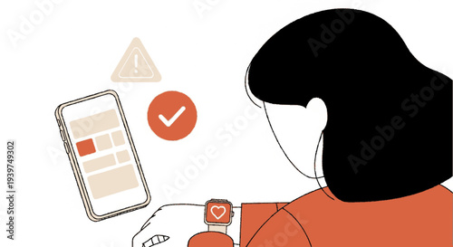 Woman interacting with smartwatch and smartphone health tracking and notification modern technology orange and white color scheme