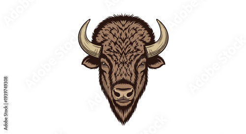 Brown Bison Head with Horns Facing.