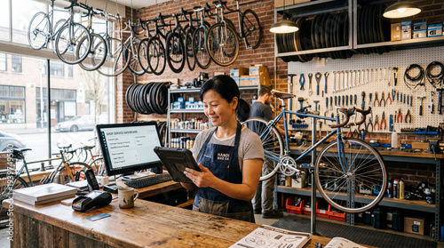 Asian Female Bicycle Mechanic Using Tablet in Bike Repair Shop