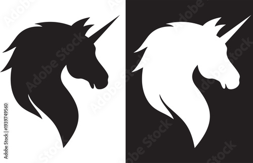 Mythical Unicorn Silhouette: A graphic representation of a unicorn's profile in both black and white, symbolizing duality and fantasy.